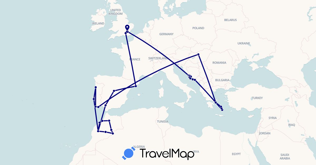TravelMap itinerary: driving in Spain, United Kingdom, Greece, Croatia, Hungary, Morocco, Portugal (Africa, Europe)